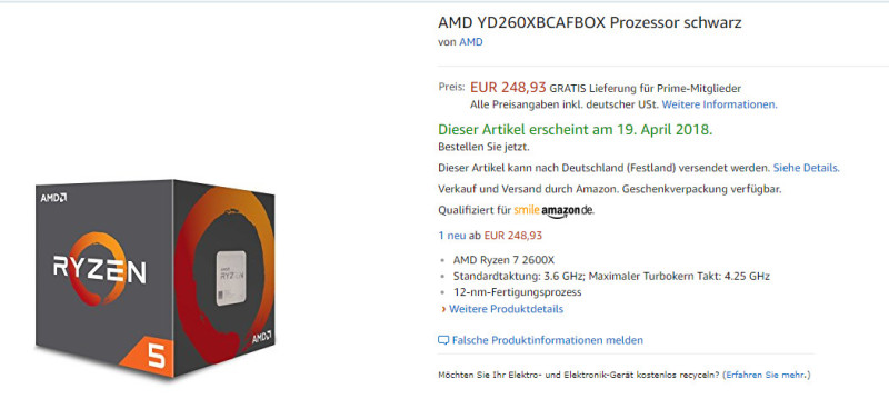 AMD Ryzen 5 2600X Amazon Alemania