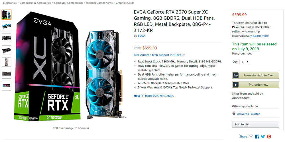 EVGA GeForce RTX 2070 SUPER XC Gaming Amazon